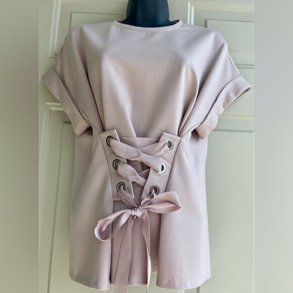 EXPRESS Light Pink Capped Short Sleeve Dressy Top Corset  Waist Blouse Size XS - Picture 1 of 10